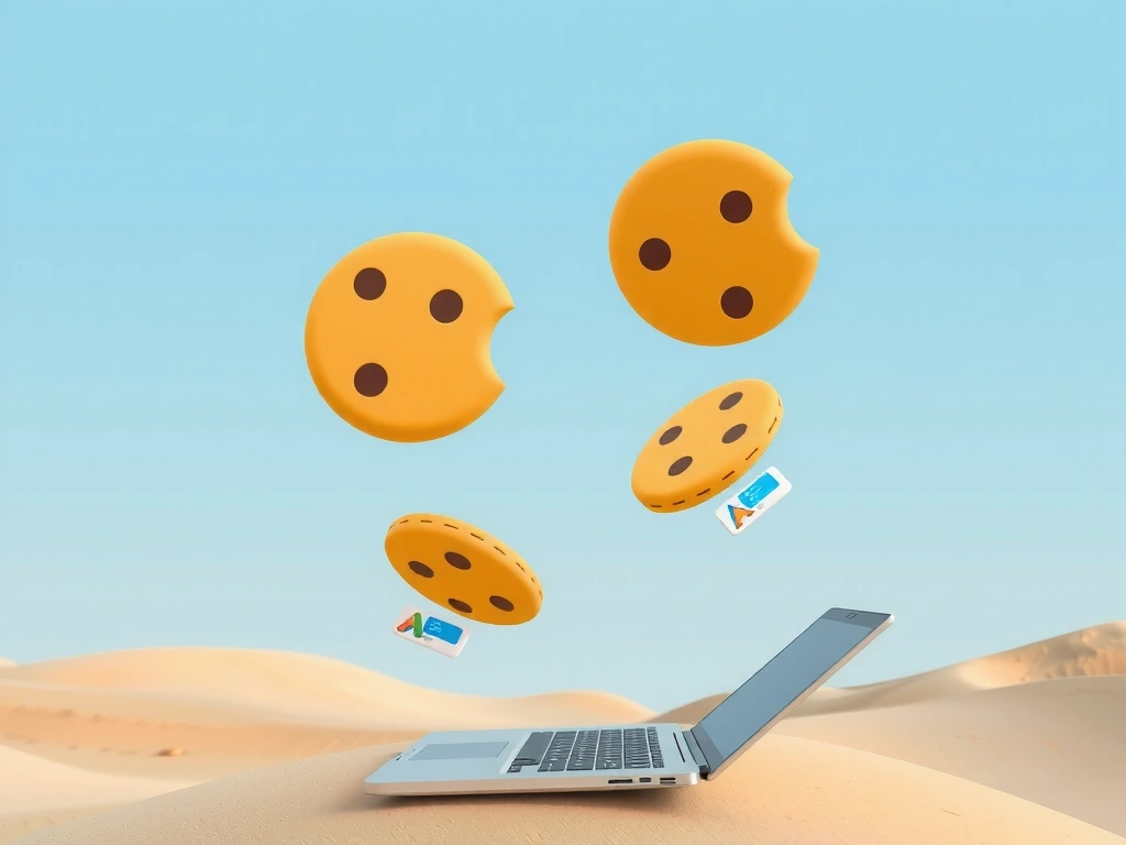 Symboliczne przedstawienie plików cookie jako cyfrowych kart danych unoszących się nad laptopem.