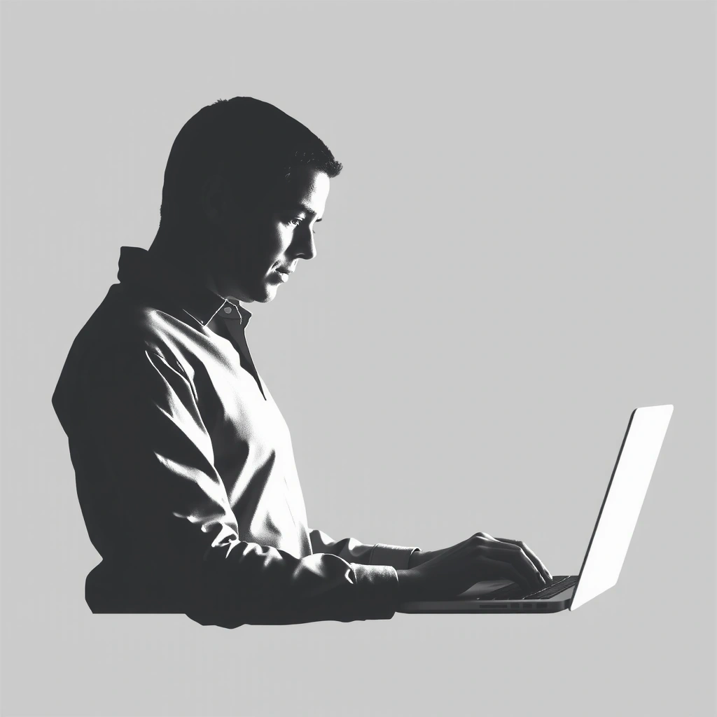 Sylwetka osoby piszącej na laptopie, symbolizująca redaktora naczelnego